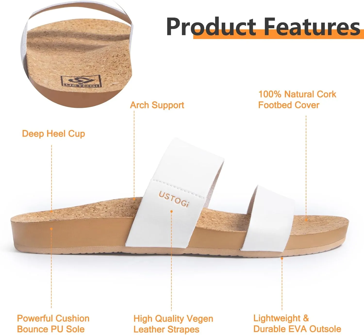 Womens Sandals Arch Support Beach Slides for Women Orthotic Summer Causal Cork Footbed Adjustable Lightweight Comfortable Slip on Cushion Cute 2 Strap Flat sandalias de mujer