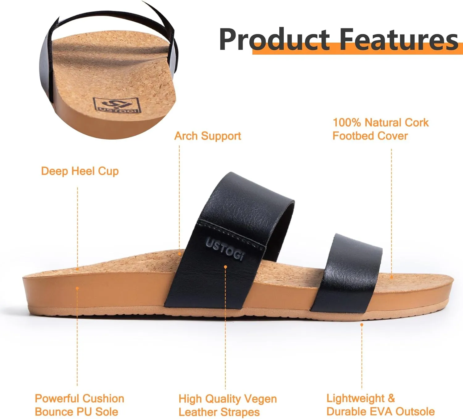 Womens Sandals Arch Support Beach Slides for Women Orthotic Summer Causal Cork Footbed Adjustable Lightweight Comfortable Slip on Cushion Cute 2 Strap Flat sandalias de mujer