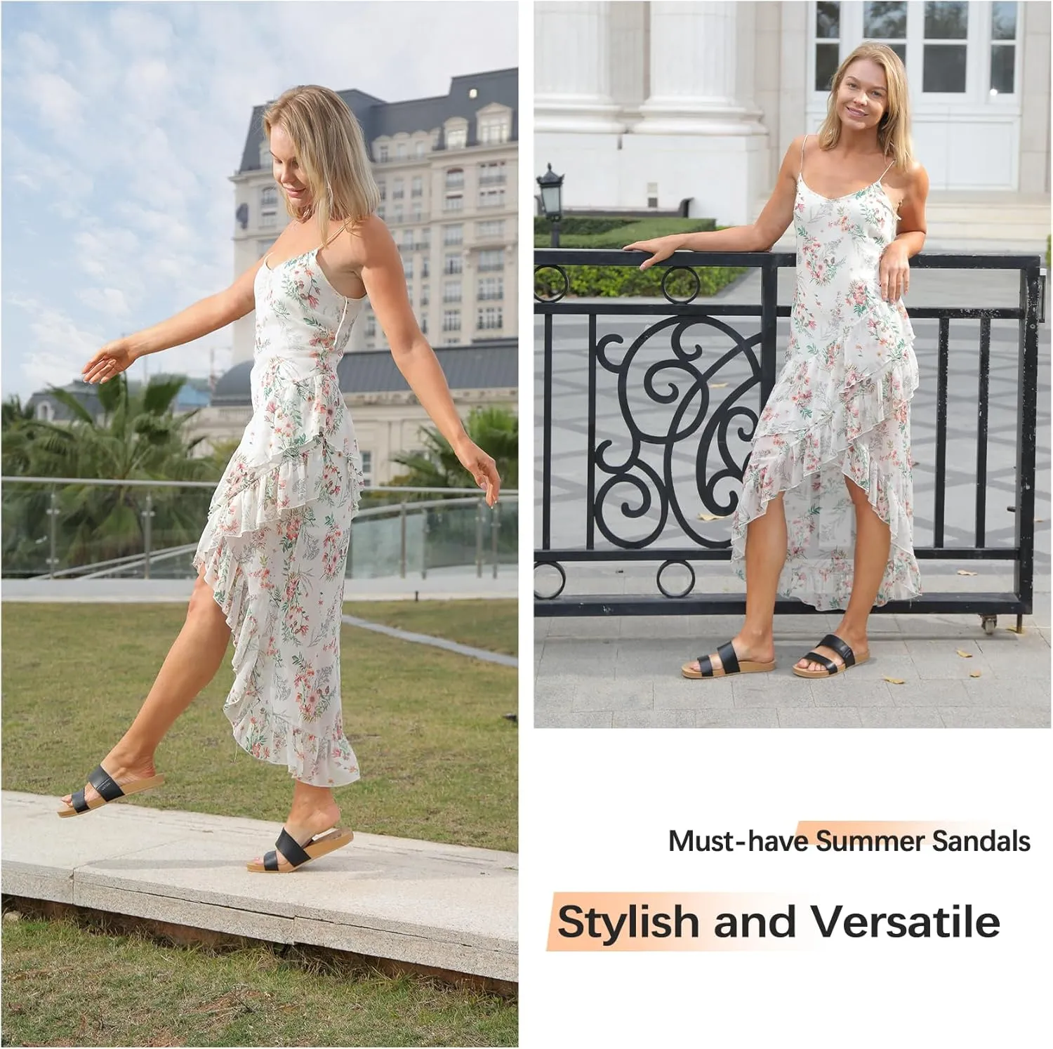 Womens Sandals Arch Support Beach Slides for Women Orthotic Summer Causal Cork Footbed Adjustable Lightweight Comfortable Slip on Cushion Cute 2 Strap Flat sandalias de mujer