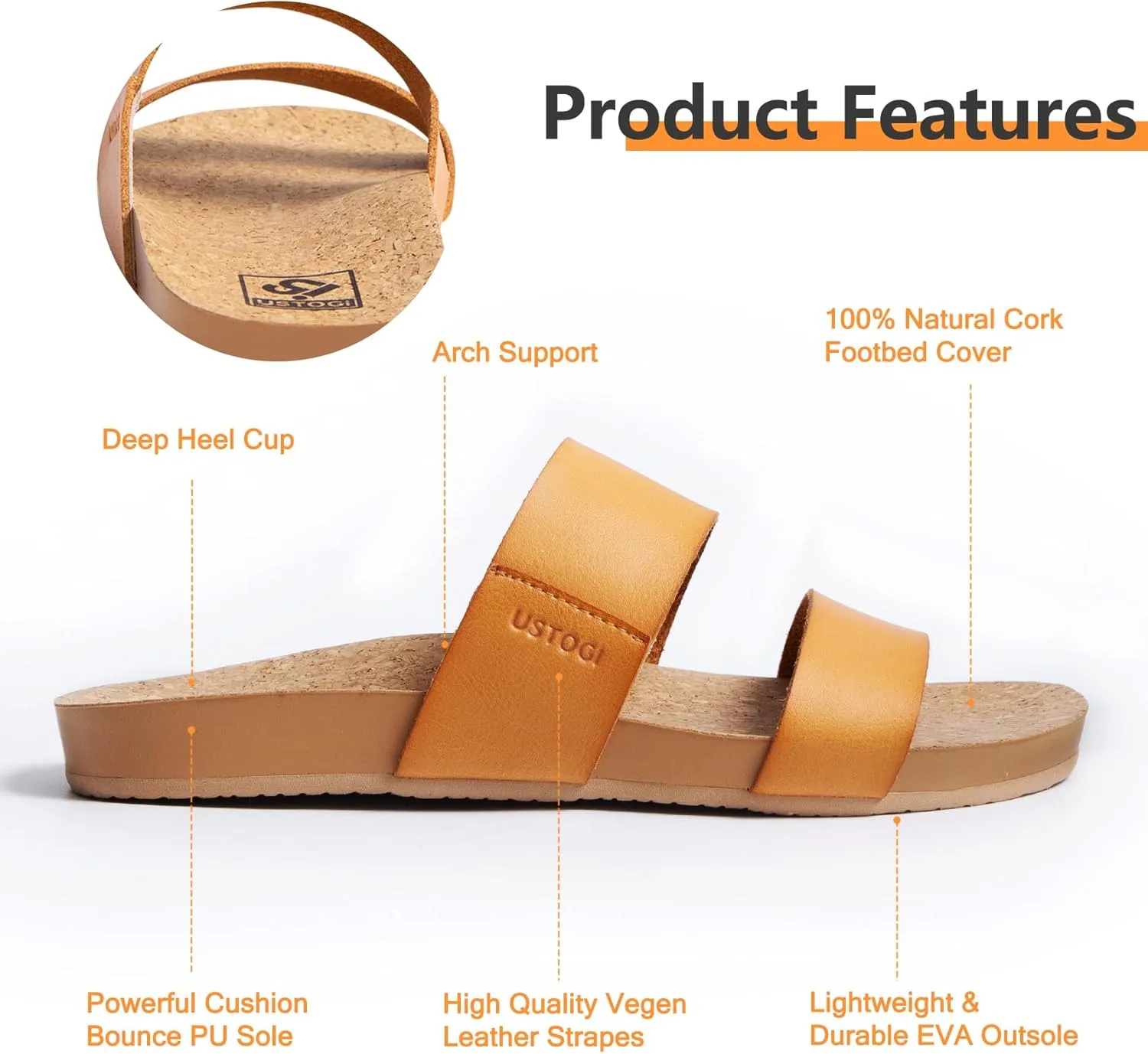 Womens Sandals Arch Support Beach Slides for Women Orthotic Summer Causal Cork Footbed Adjustable Lightweight Comfortable Slip on Cushion Cute 2 Strap Flat sandalias de mujer
