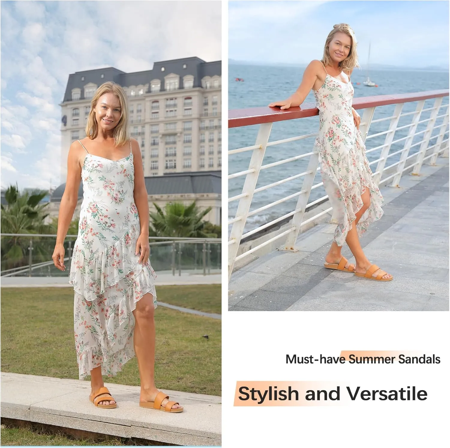 Womens Sandals Arch Support Beach Slides for Women Orthotic Summer Causal Cork Footbed Adjustable Lightweight Comfortable Slip on Cushion Cute 2 Strap Flat sandalias de mujer