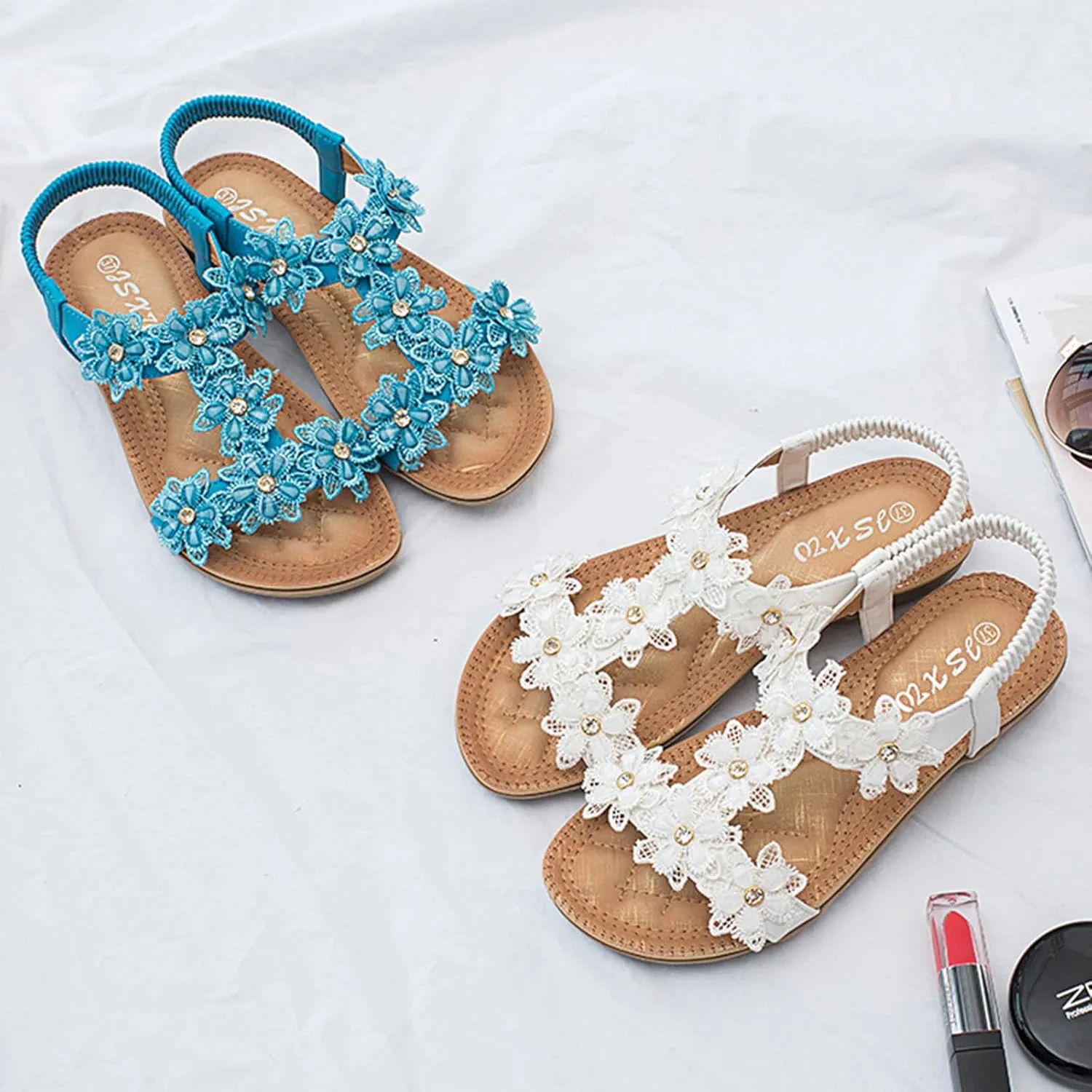 Womens Sandals Shoes Comfort Walking Casual Summer Beach Shoes Dress Ankle Elastic Flower Jeweled Bohemian Wedding Flats
