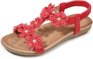 Womens Sandals Shoes Comfort Walking Casual Summer Beach Shoes Dress Ankle Elastic Flower Jeweled Bohemian Wedding Flats