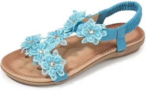 Womens Sandals Shoes Comfort Walking Casual Summer Beach Shoes Dress Ankle Elastic Flower Jeweled Bohemian Wedding Flats