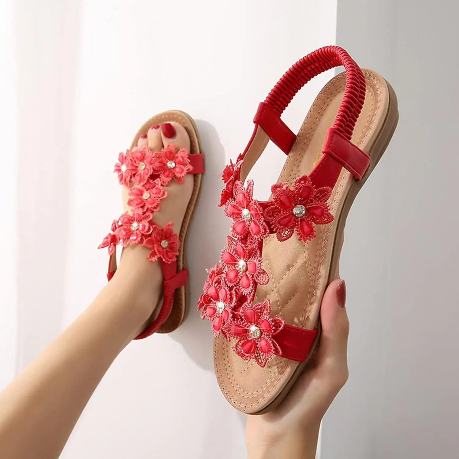 Womens Sandals Shoes Comfort Walking Casual Summer Beach Shoes Dress Ankle Elastic Flower Jeweled Bohemian Wedding Flats