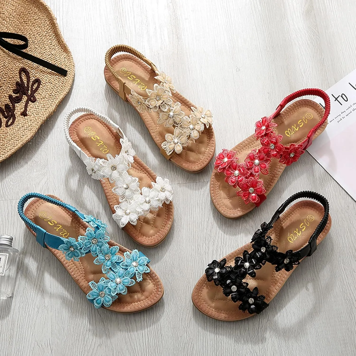 Womens Sandals Shoes Comfort Walking Casual Summer Beach Shoes Dress Ankle Elastic Flower Jeweled Bohemian Wedding Flats