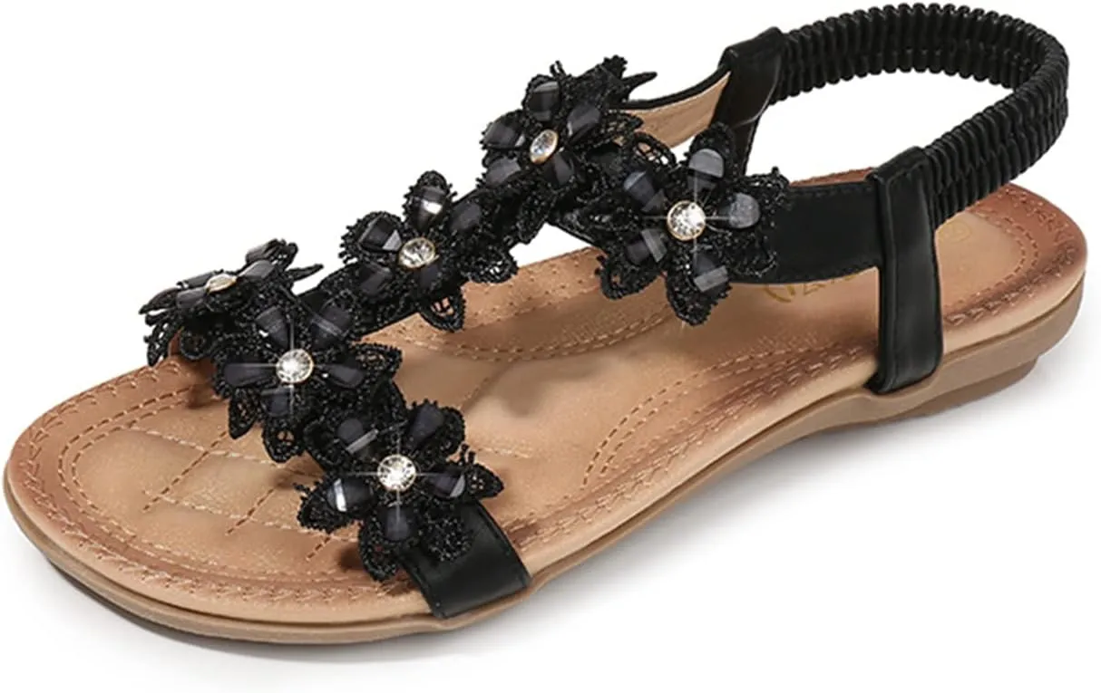 Womens Sandals Shoes Comfort Walking Casual Summer Beach Shoes Dress Ankle Elastic Flower Jeweled Bohemian Wedding Flats