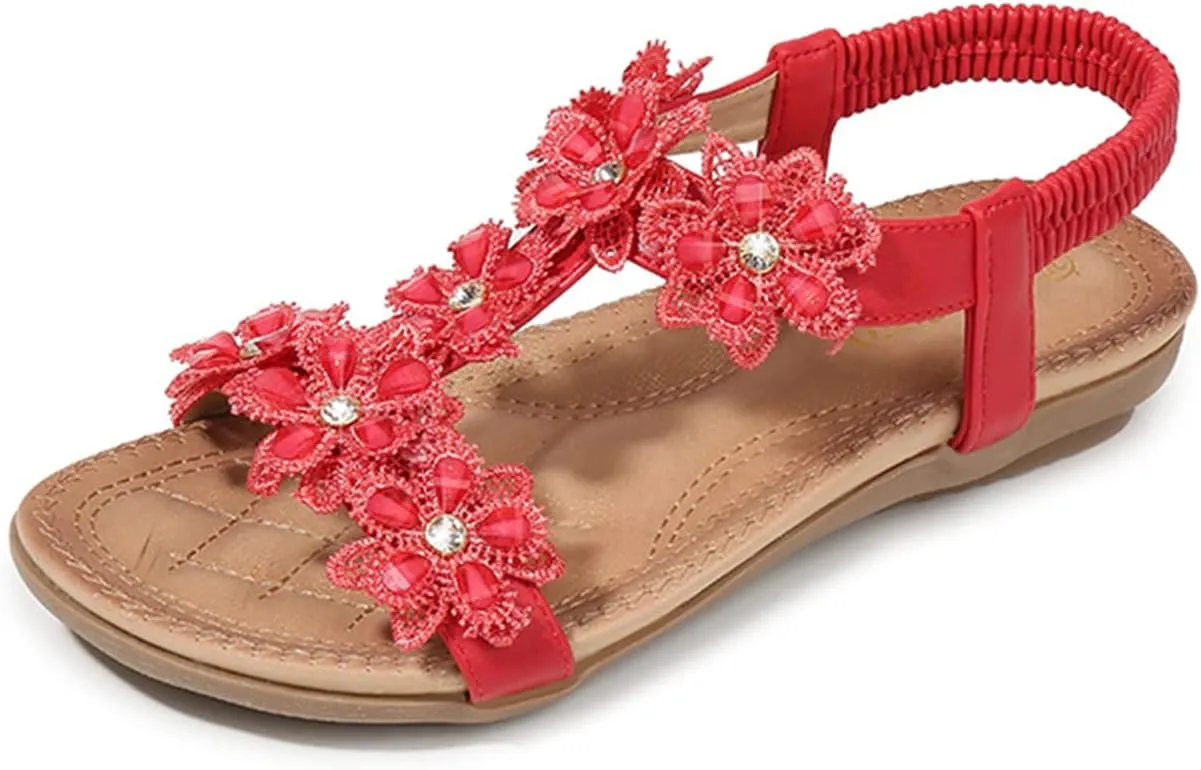 Womens Sandals Shoes Comfort Walking Casual Summer Beach Shoes Dress Ankle Elastic Flower Jeweled Bohemian Wedding Flats