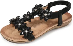 Womens Sandals Shoes Comfort Walking Casual Summer Beach Shoes Dress Ankle Elastic Flower Jeweled Bohemian Wedding Flats