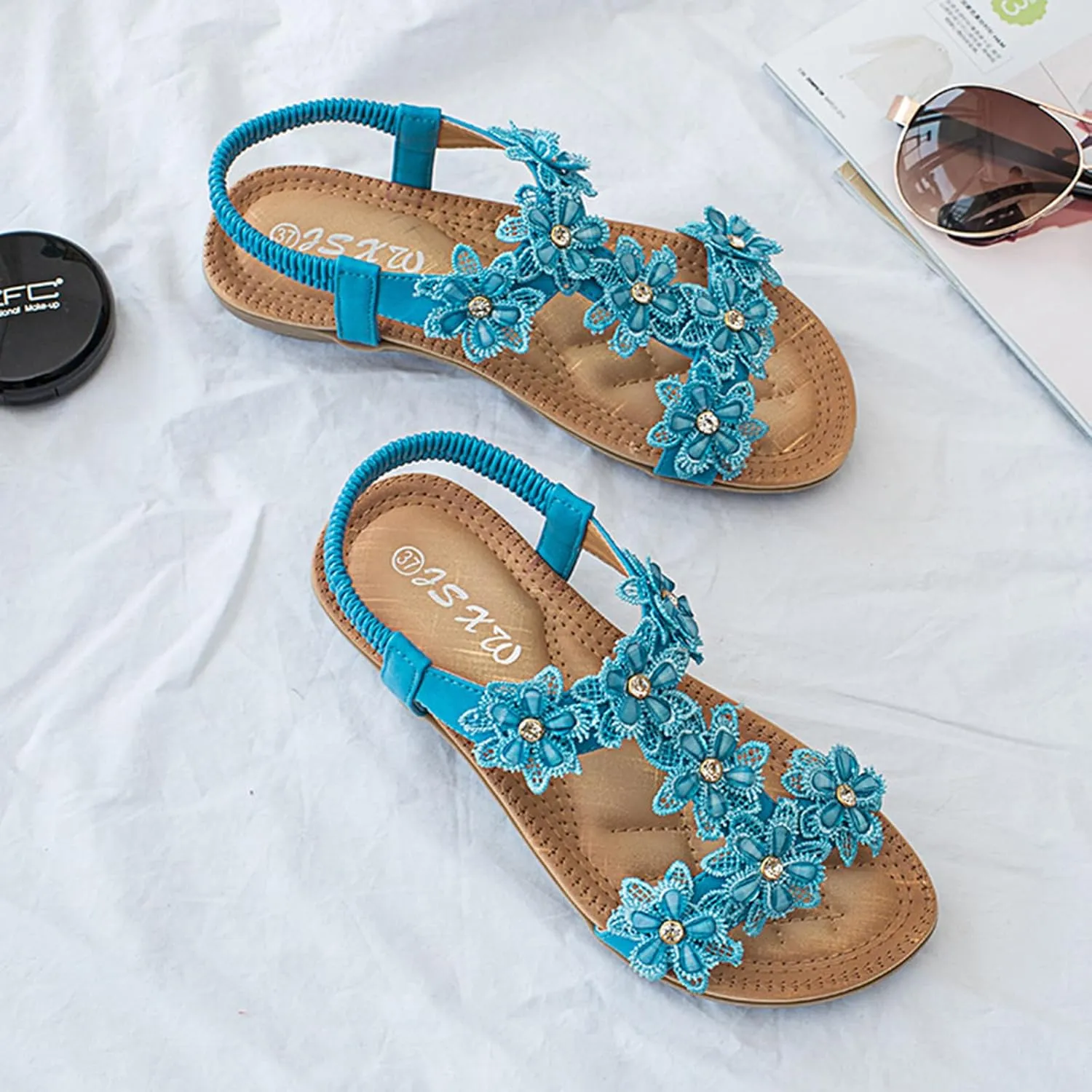 Womens Sandals Shoes Comfort Walking Casual Summer Beach Shoes Dress Ankle Elastic Flower Jeweled Bohemian Wedding Flats