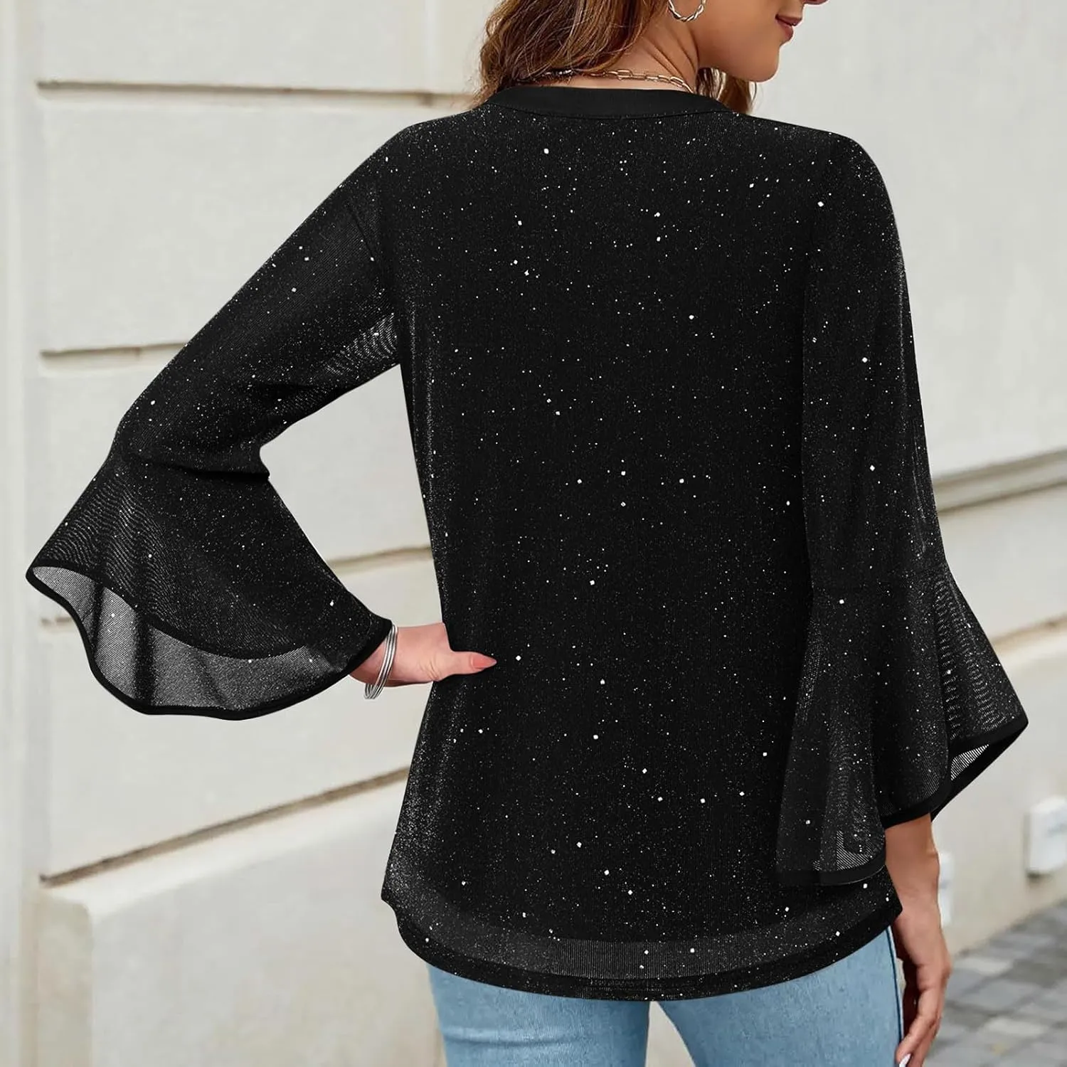 Women's Solid Sparkling Bronzing 3/4 Long Sleeve Dressy Blouses Summer Fashion Casual Ventilate Comfy Loose Shirts