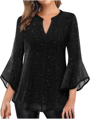 Women's Solid Sparkling Bronzing 3/4 Long Sleeve Dressy Blouses Summer Fashion Casual Ventilate Comfy Loose Shirts