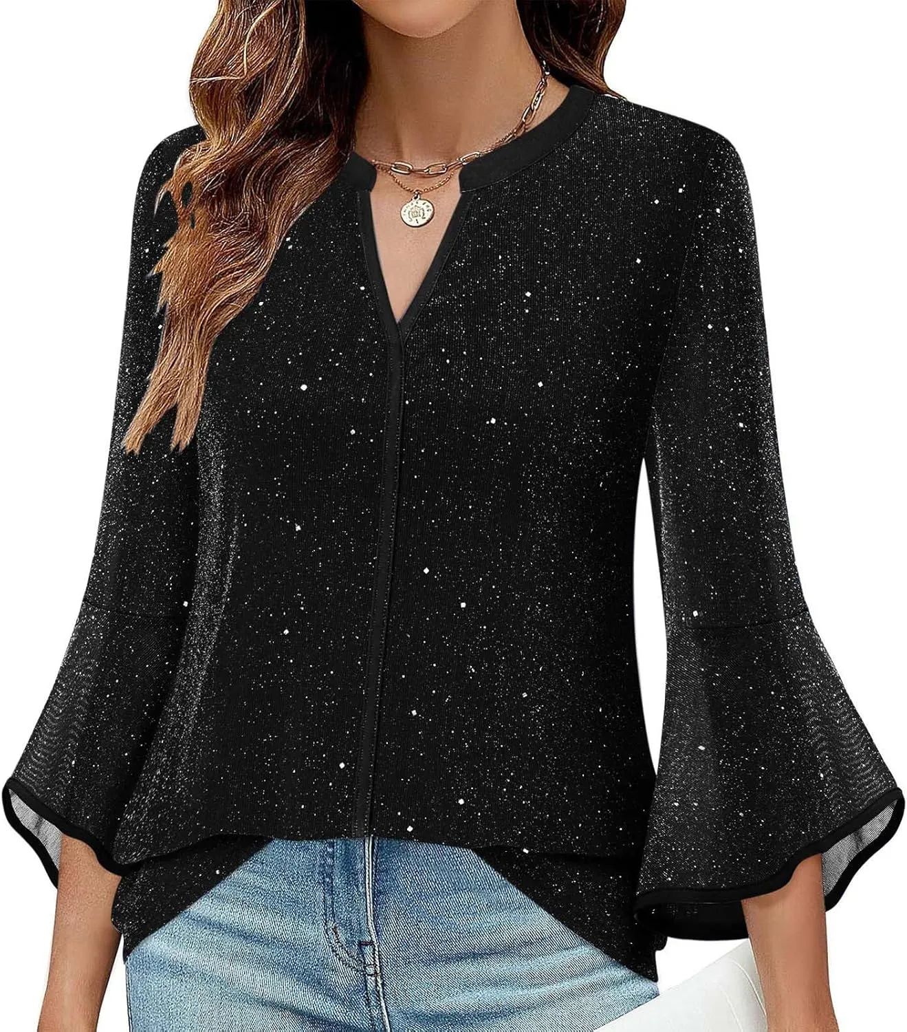 Women's Solid Sparkling Bronzing 3/4 Long Sleeve Dressy Blouses Summer Fashion Casual Ventilate Comfy Loose Shirts