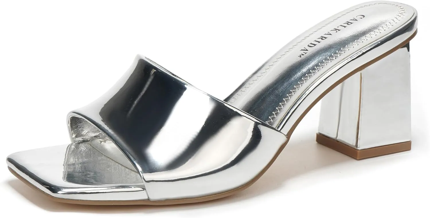 Women's Square Open Toe Heeled Sandals Glossy Material Mules Slip On Low Block Chunky Heeled Sandal on Comfortable Casual Dress Pumps Shoes with Sense of Luxury
