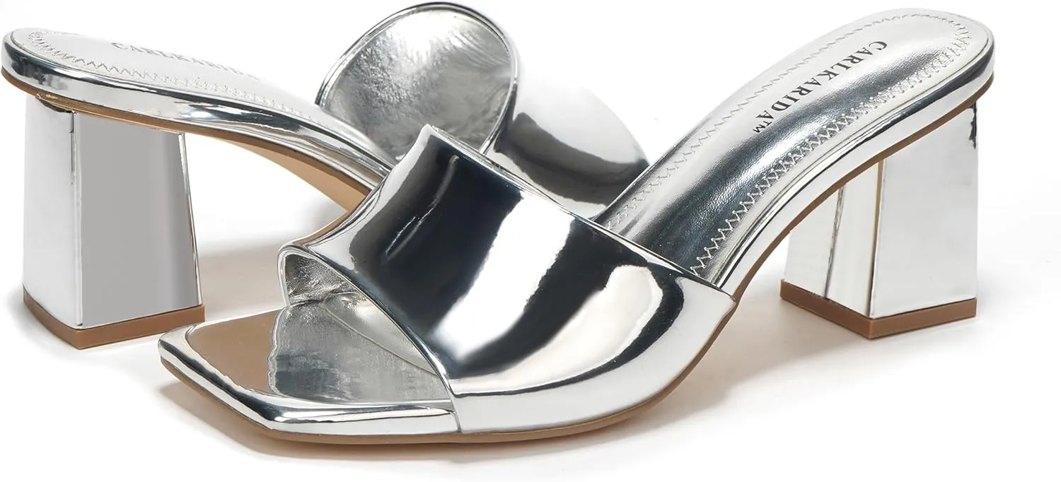 Women's Square Open Toe Heeled Sandals Glossy Material Mules Slip On Low Block Chunky Heeled Sandal on Comfortable Casual Dress Pumps Shoes with Sense of Luxury