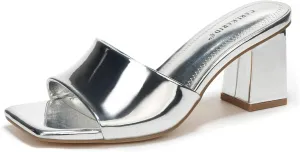 Women's Square Open Toe Heeled Sandals Glossy Material Mules Slip On Low Block Chunky Heeled Sandal on Comfortable Casual Dress Pumps Shoes with Sense of Luxury