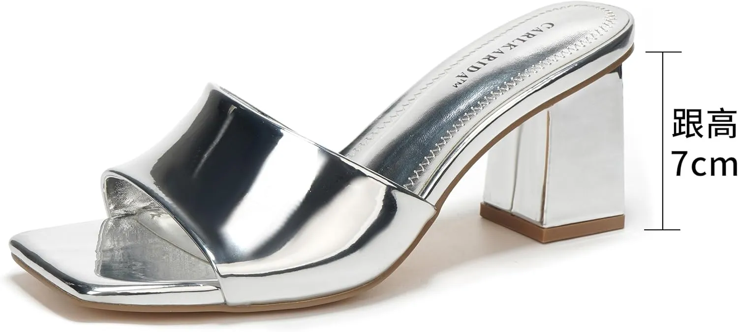 Women's Square Open Toe Heeled Sandals Glossy Material Mules Slip On Low Block Chunky Heeled Sandal on Comfortable Casual Dress Pumps Shoes with Sense of Luxury
