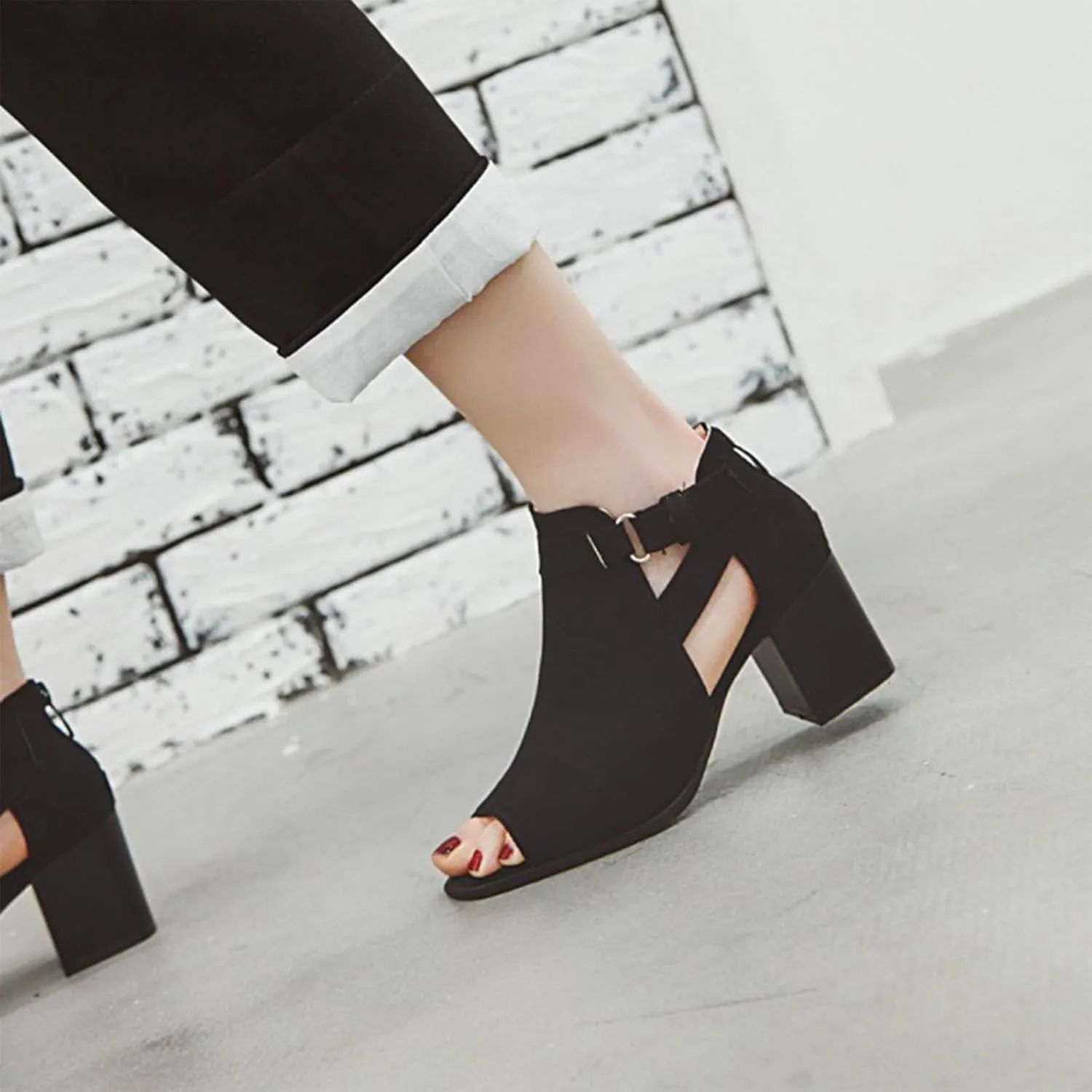 Women's Suede Chunky Heel Fish Mouth Dress Sandals Comfortable Peep Toe Adjustable Ankle Buckle Block Heel Non-Slip Hollow Out Ankle Boot Sandals for Work Wedding Party