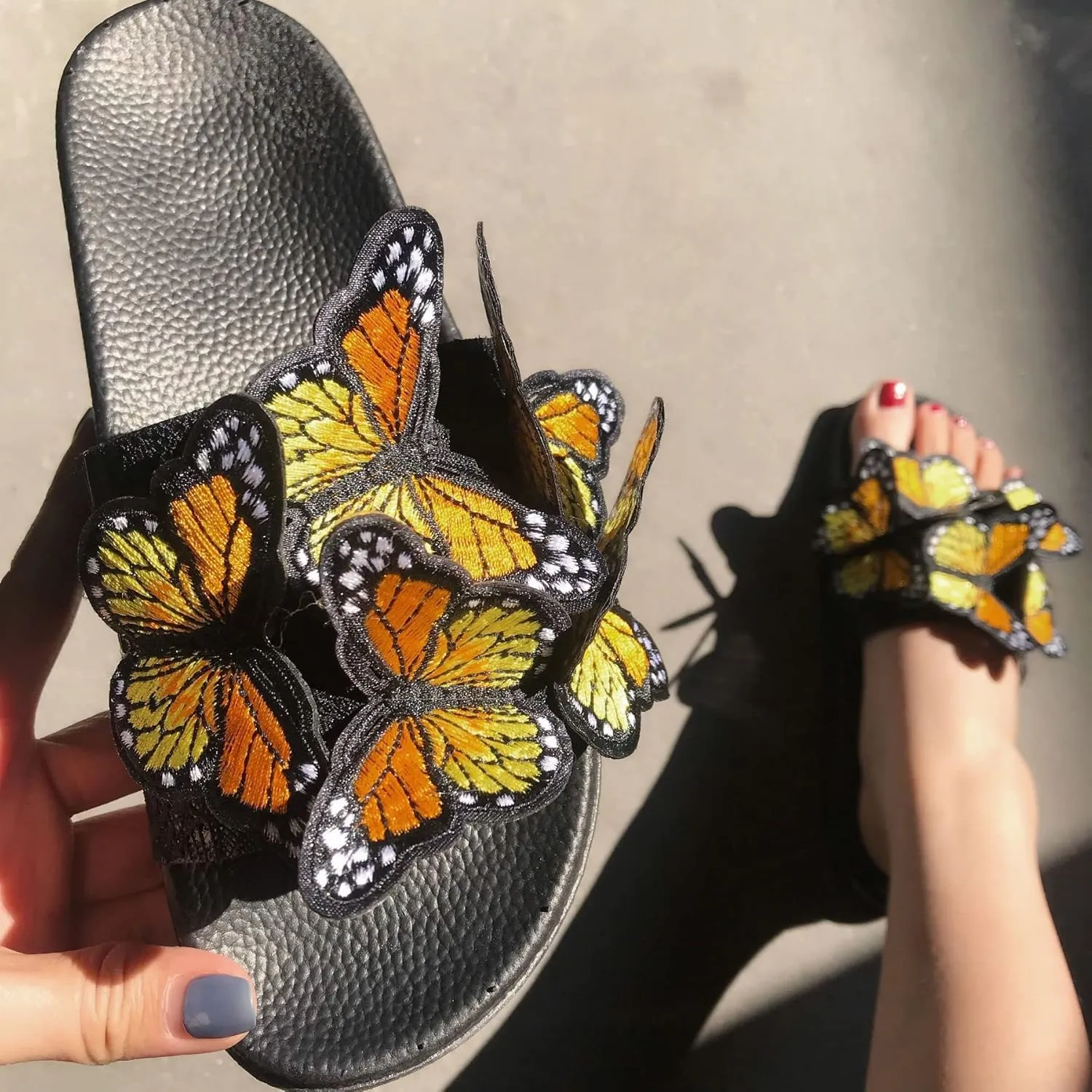 Women's Summer Flat Slide Sandals,Fashion Butterfly Sandals Summer Comfy Anti-Slip Open Toe Beach Slippers