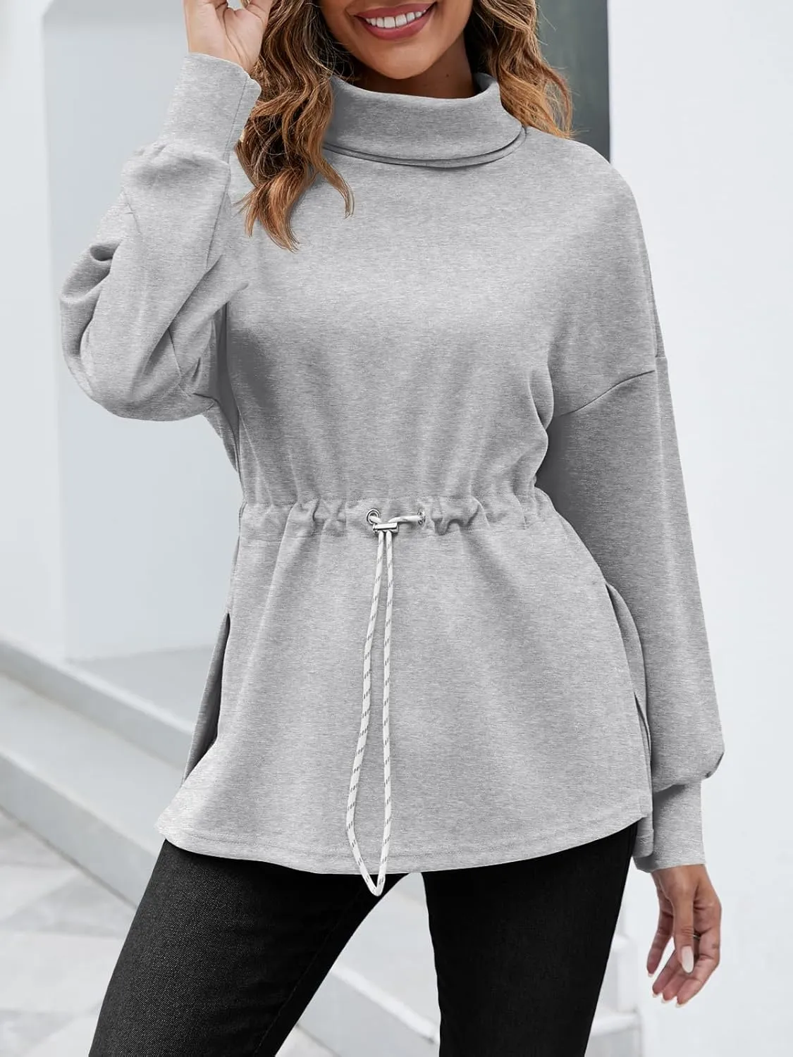 Women's Turtleneck Sweatshirts Long Sleeve Pullover Tops Side Slit Tunic Shirts with Drawstring Waist