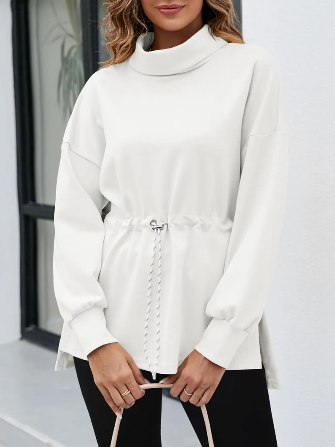 Women's Turtleneck Sweatshirts Long Sleeve Pullover Tops Side Slit Tunic Shirts with Drawstring Waist