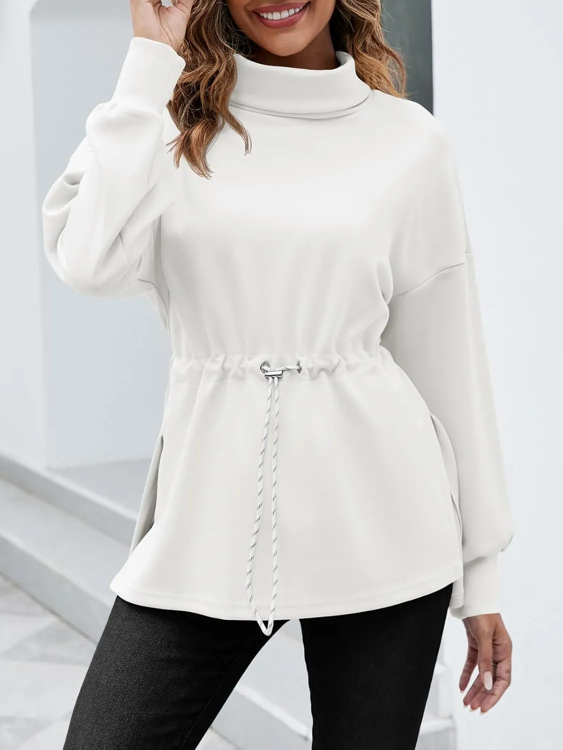 Women's Turtleneck Sweatshirts Long Sleeve Pullover Tops Side Slit Tunic Shirts with Drawstring Waist