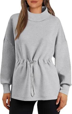 Women's Turtleneck Sweatshirts Long Sleeve Pullover Tops Side Slit Tunic Shirts with Drawstring Waist