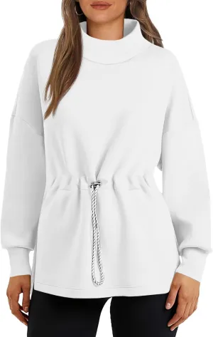 Women's Turtleneck Sweatshirts Long Sleeve Pullover Tops Side Slit Tunic Shirts with Drawstring Waist