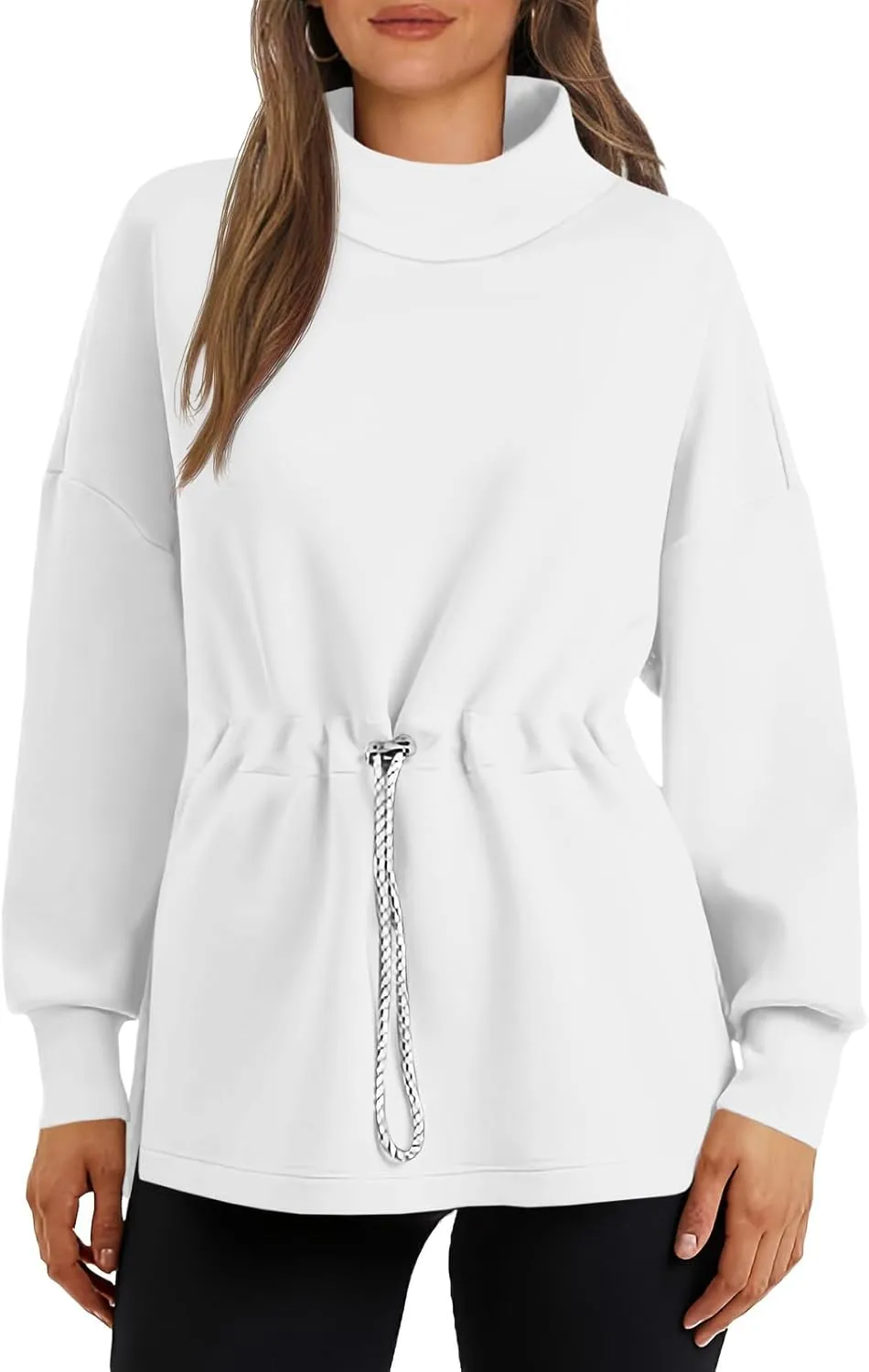 Women's Turtleneck Sweatshirts Long Sleeve Pullover Tops Side Slit Tunic Shirts with Drawstring Waist
