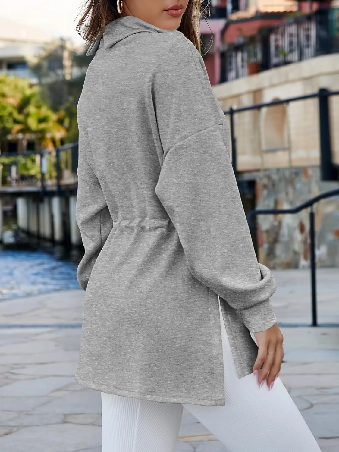 Women's Turtleneck Sweatshirts Long Sleeve Pullover Tops Side Slit Tunic Shirts with Drawstring Waist