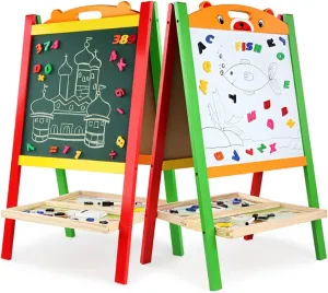 Wooden Art Easel for Kids (Double Sided) - Standing Whiteboard Chalkboard Small Toddler Toys - Includes ABC Numbers GD-023-N