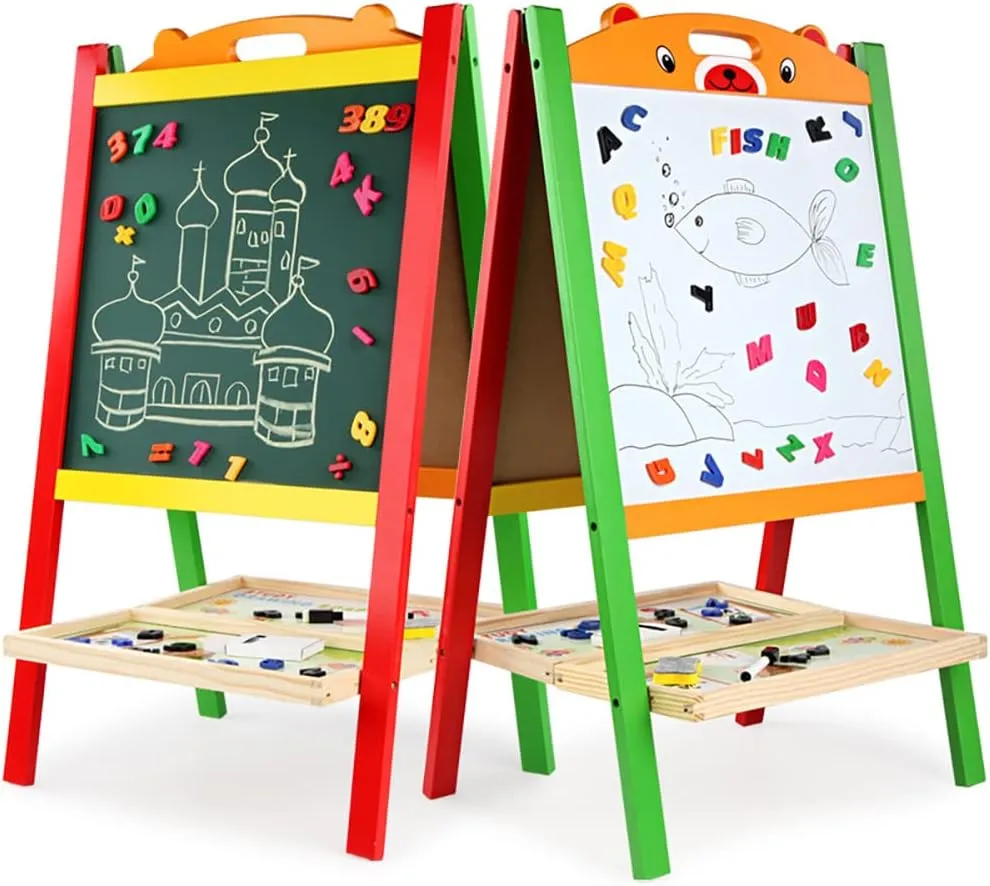 Wooden Art Easel for Kids (Double Sided) - Standing Whiteboard Chalkboard Small Toddler Toys - Includes ABC Numbers GD-023-N
