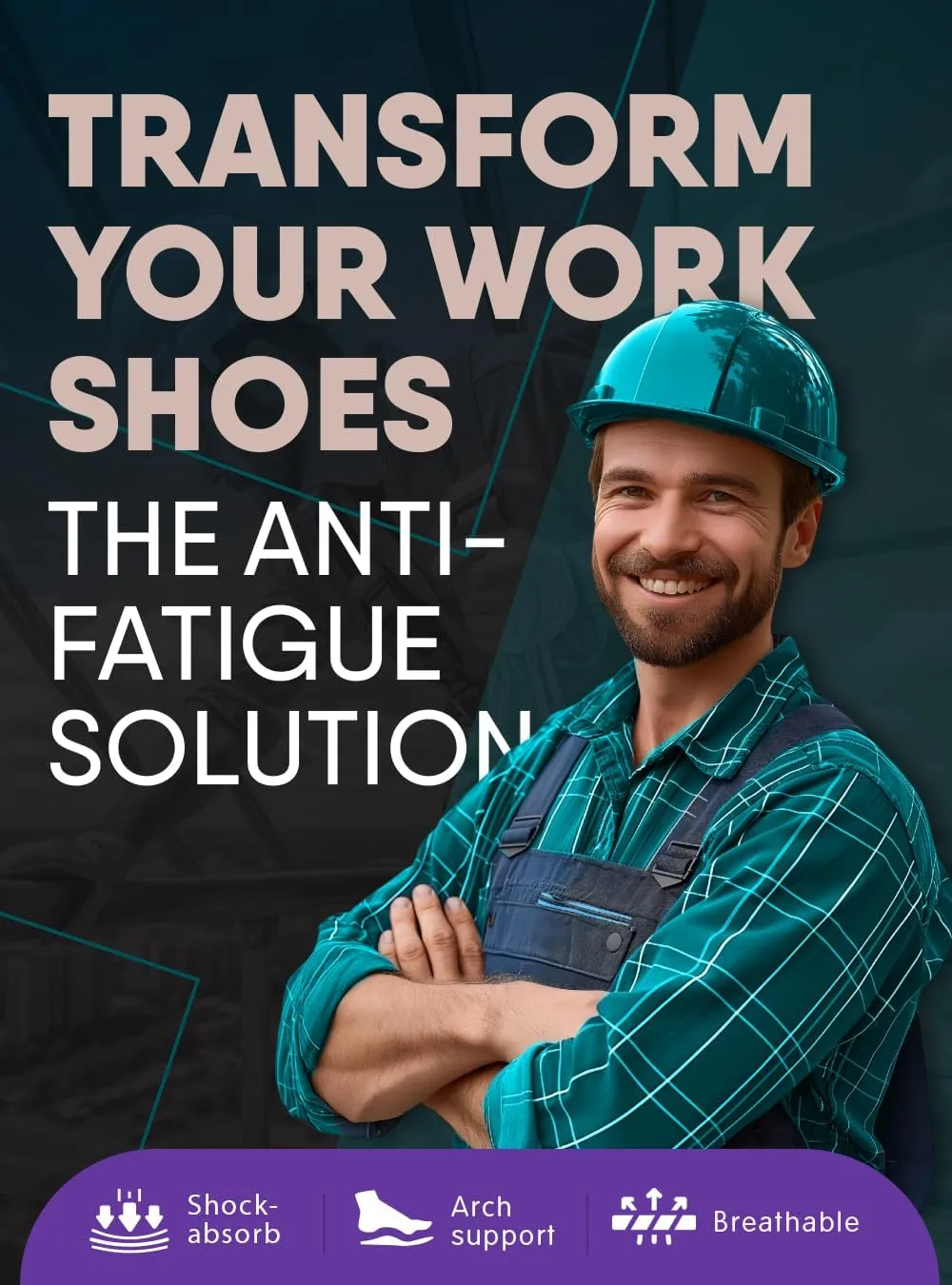 Work Boot Insoles - Medium Arch Support Inserts - Cushions for Men and Women - Shoe Inserts - Plantar Fasciitis Insoles - Anti Fatigue (Men)