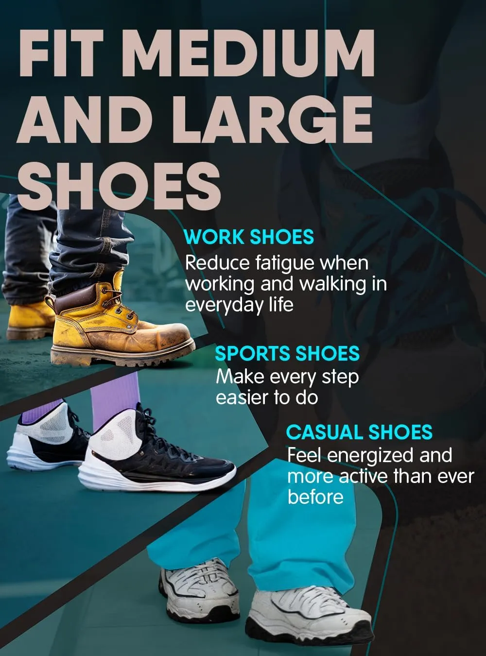 Work Boot Insoles - Medium Arch Support Inserts - Cushions for Men and Women - Shoe Inserts - Plantar Fasciitis Insoles - Anti Fatigue (Men)