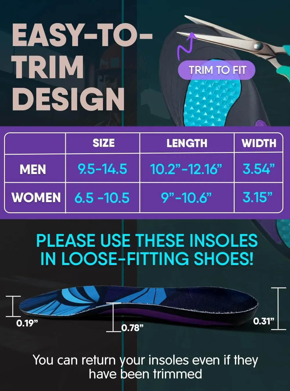 Work Boot Insoles - Medium Arch Support Inserts - Cushions for Men and Women - Shoe Inserts - Plantar Fasciitis Insoles - Anti Fatigue (Men)
