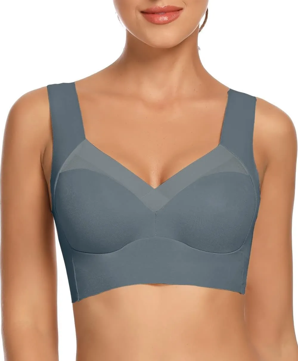 WOWENY Seamless Wirefree Bras for Women Comfy Mesh Soft Padded Back Smoothing Bra