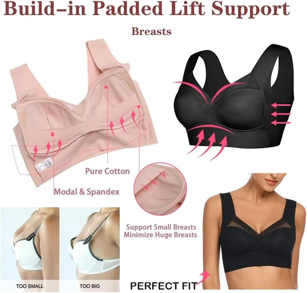 WOWENY Seamless Wirefree Bras for Women Comfy Mesh Soft Padded Back Smoothing Bra