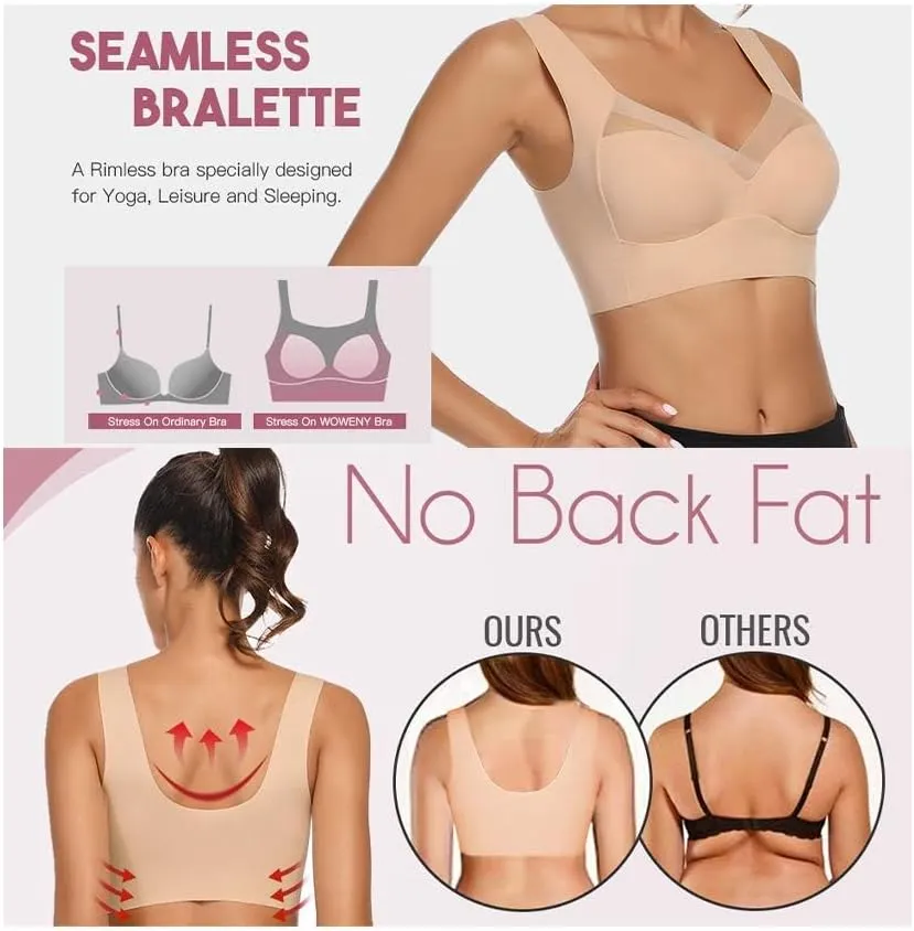 WOWENY Seamless Wirefree Bras for Women Comfy Mesh Soft Padded Back Smoothing Bra