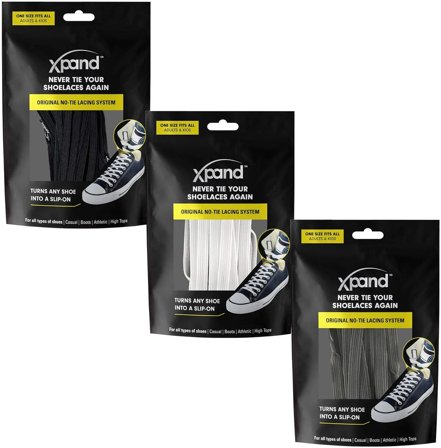 Xpand No Tie Elastic Shoelaces [3 Pairs] Move Smarter, Never Tie Again. Convenience and Comfort for Busy Parents.