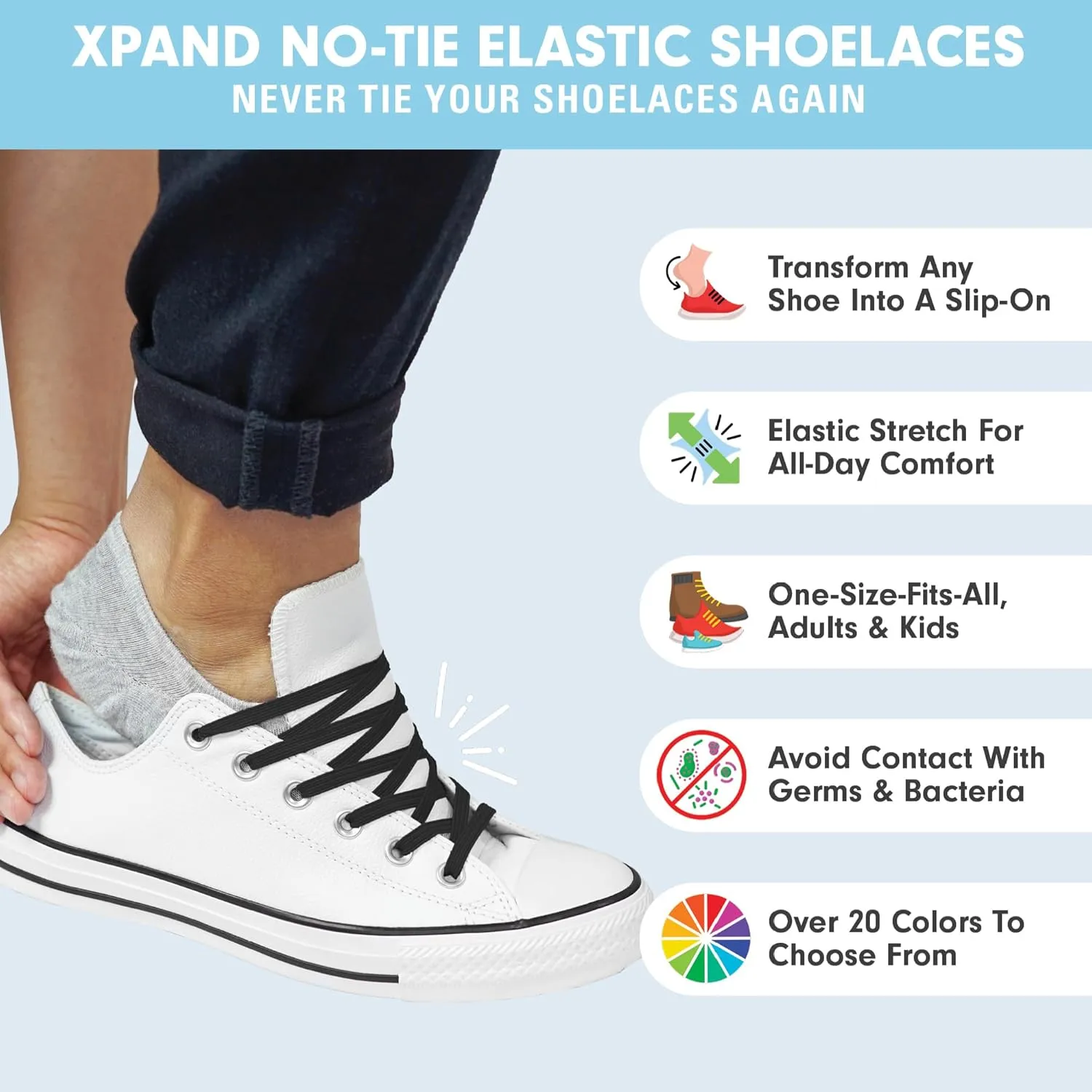 Xpand No Tie Elastic Shoelaces with Hidden Lace Locks. Tieless Stretch Comfort. One Size Fits All for Sports and Training