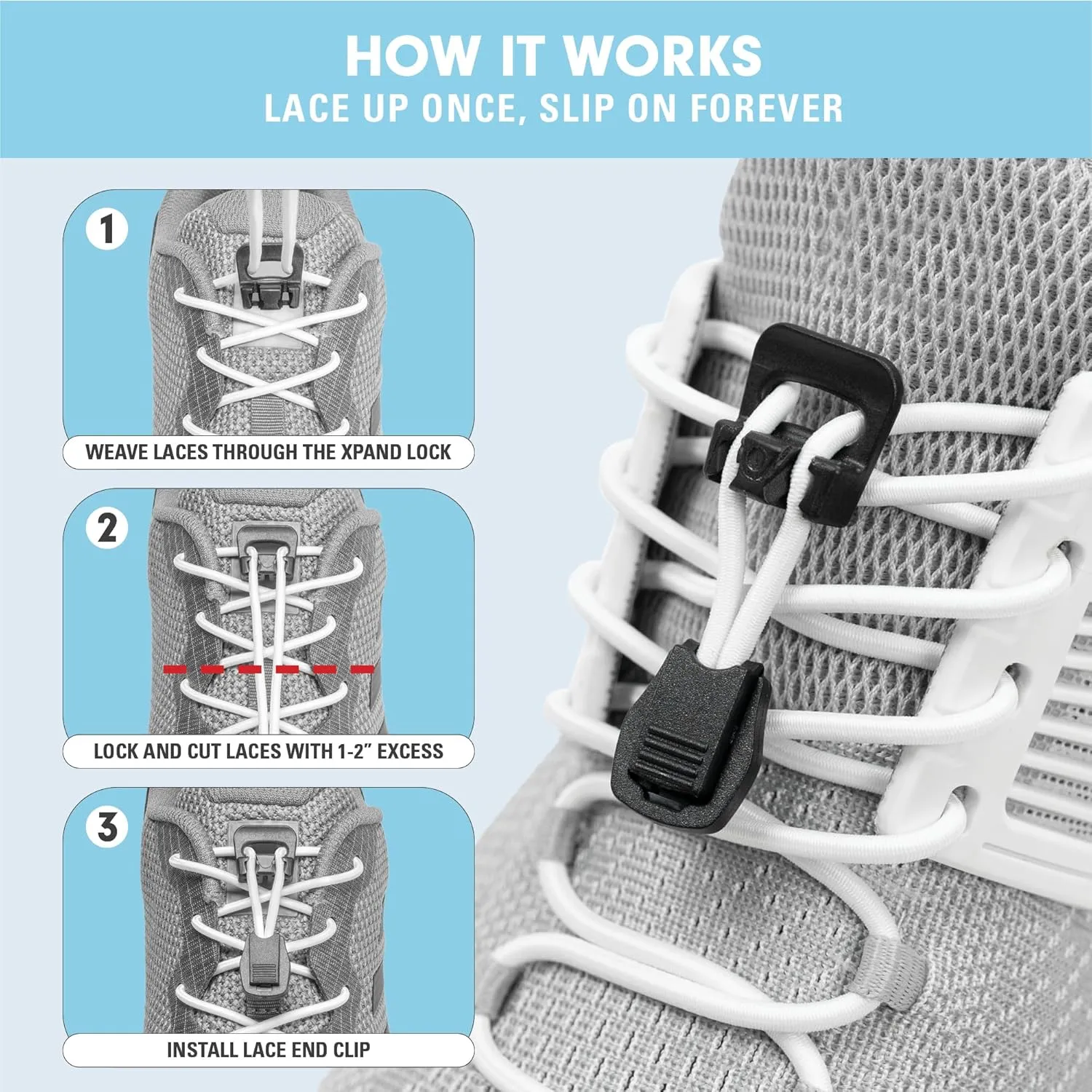 Xpand Round Lacing. Elastic No Tie Shoelaces - Quick Release Tension Control - One Size Fits All Adult and Kids Shoes