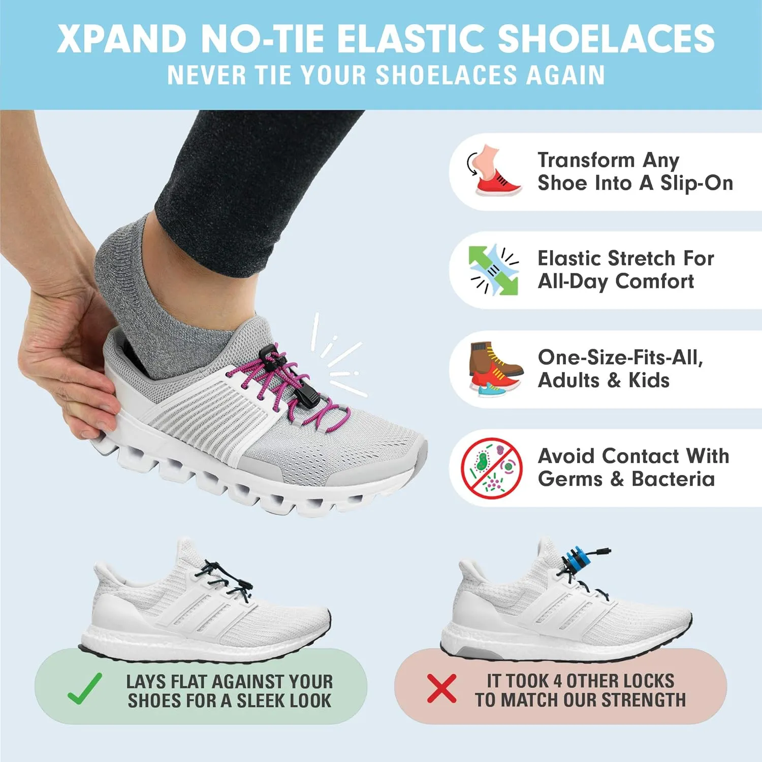 Xpand Round Lacing. Elastic No Tie Shoelaces - Quick Release Tension Control - One Size Fits All Adult and Kids Shoes