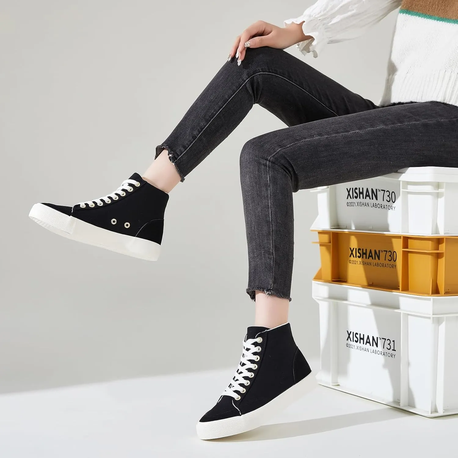 XRH Women's High Top Sneakers Canvas Shoes Black Hi Tops,Non Slip Casual Walking Shoes,White High Tops Sneakers for Women(Comfortableable,Fashion,Lace-up)