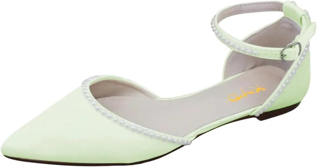 XYD Women Pearl Pointed Toe Ankle Strap Flats D'Orsay Wedding Sandals Comfy Party Dance Shoes