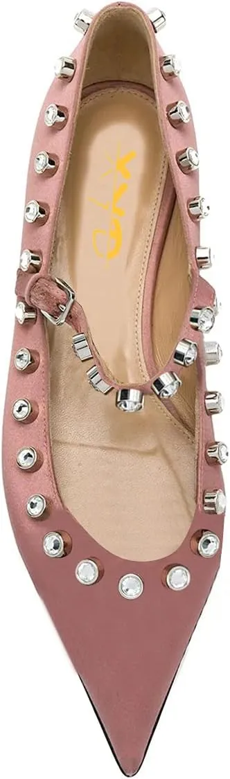 XYD Women Stylish Pointed Toe Flats Slip On Sandals Buckle Mary Jane Rhinestones Comfortable Walking Office Campus Dress Shoes