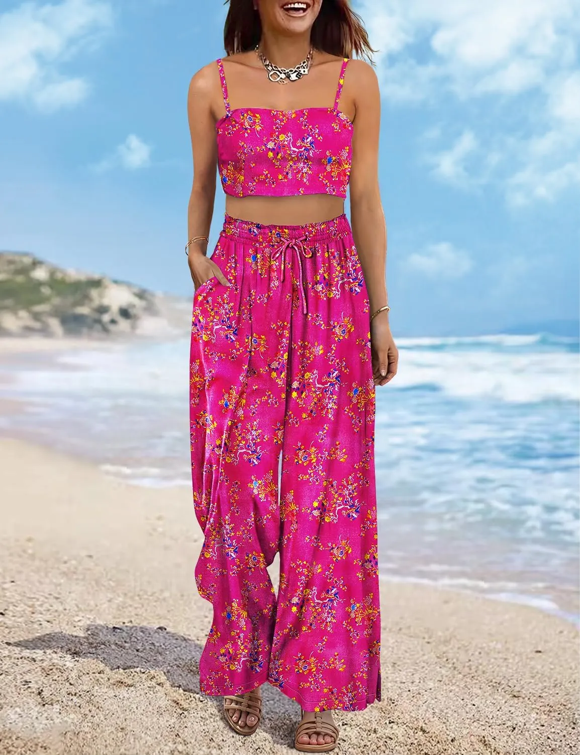 YESNO Women Summer Boho Palazzo Pants High Waist Wide Leg Floral Casual Cotton Lounge Trousers with Pockets PP0