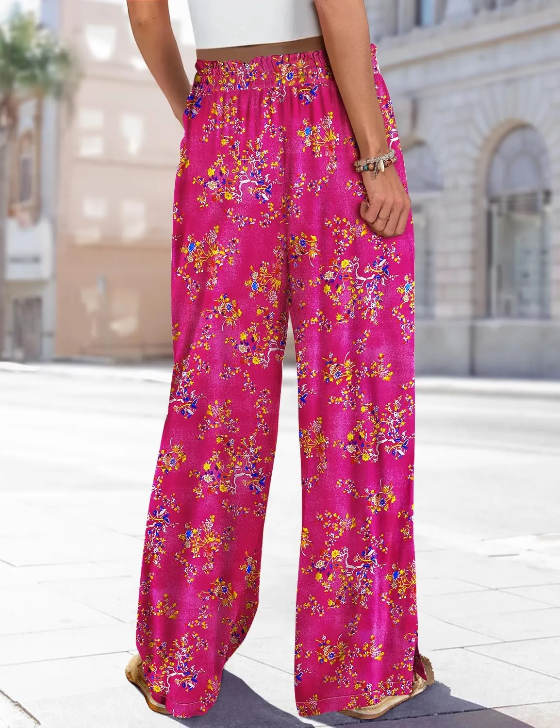 YESNO Women Summer Boho Palazzo Pants High Waist Wide Leg Floral Casual Cotton Lounge Trousers with Pockets PP0
