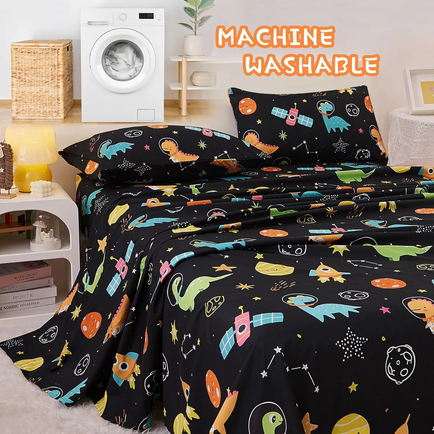 Yibeizi Dinosaur Space Twin Sheets Set for Boys, Kids Cute Planet Printed Microfiber Bedsheets Deep Pocket Bed Sheet & Pillowcase Sets 3 Pieces