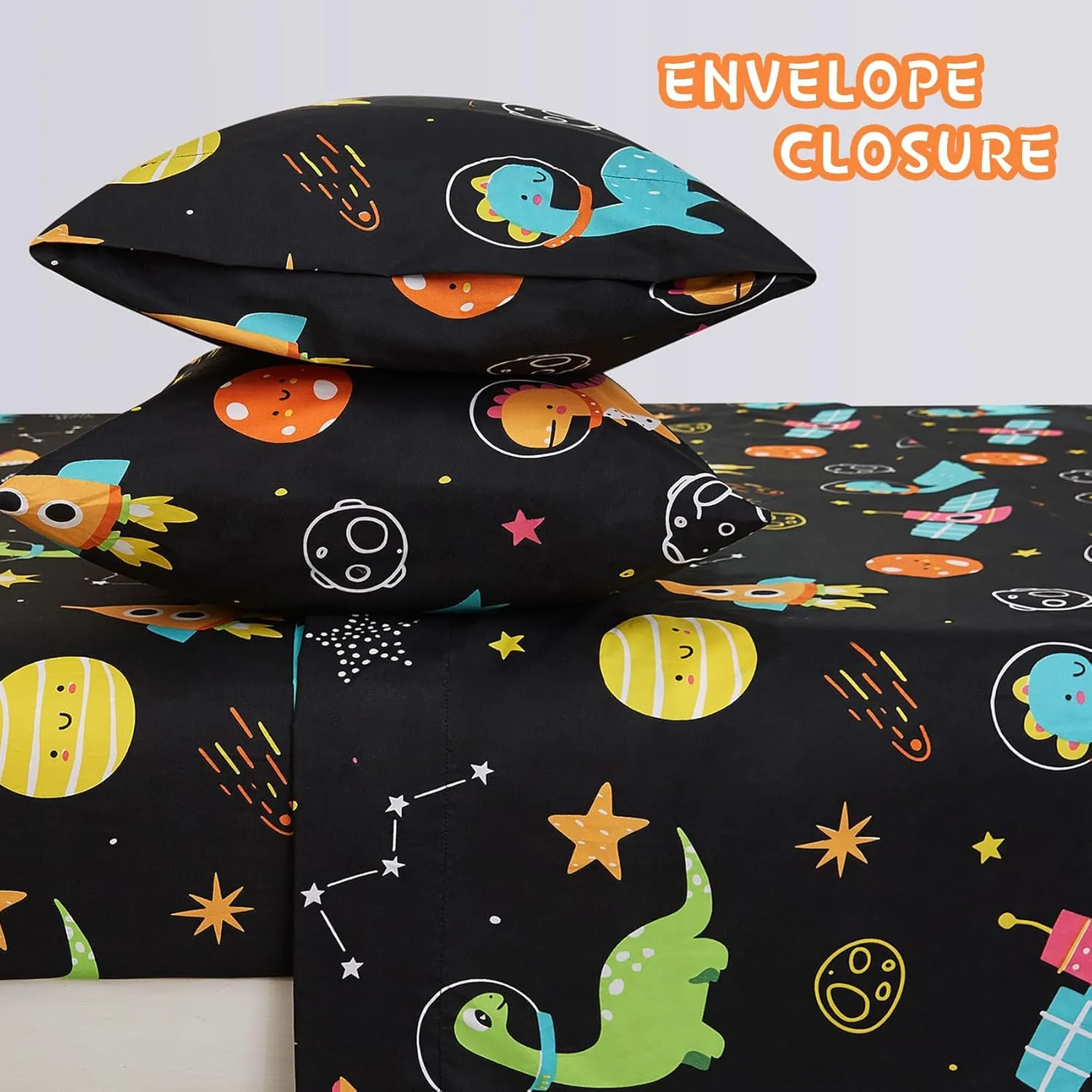 Yibeizi Dinosaur Space Twin Sheets Set for Boys, Kids Cute Planet Printed Microfiber Bedsheets Deep Pocket Bed Sheet & Pillowcase Sets 3 Pieces