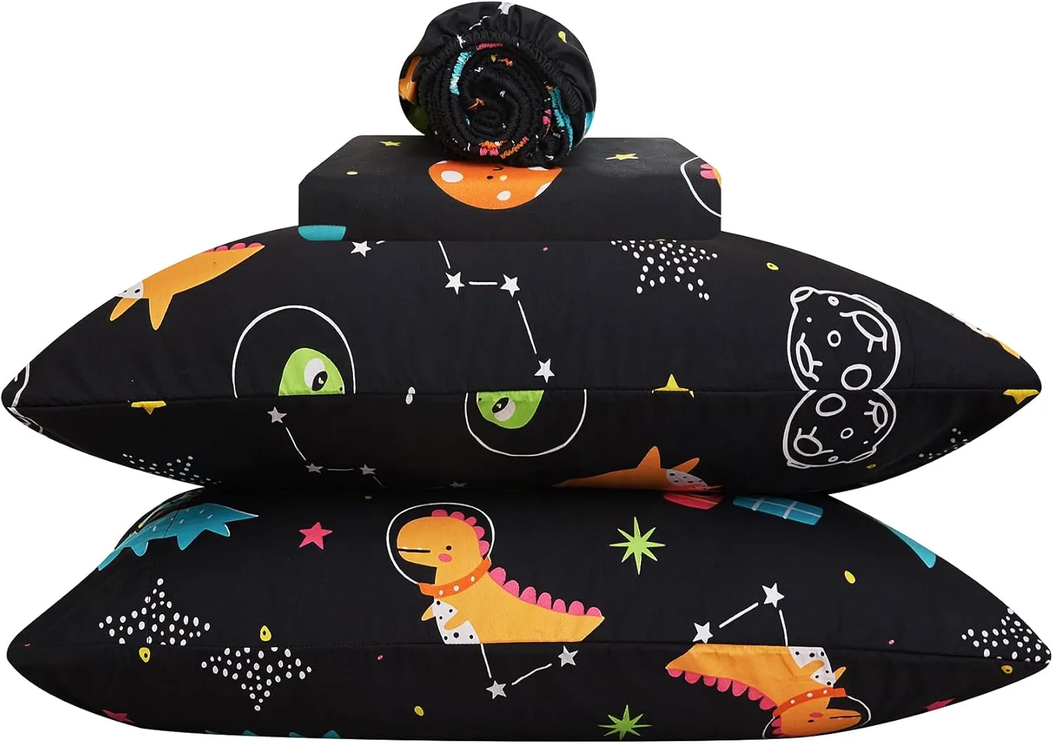 Yibeizi Dinosaur Space Twin Sheets Set for Boys, Kids Cute Planet Printed Microfiber Bedsheets Deep Pocket Bed Sheet & Pillowcase Sets 3 Pieces